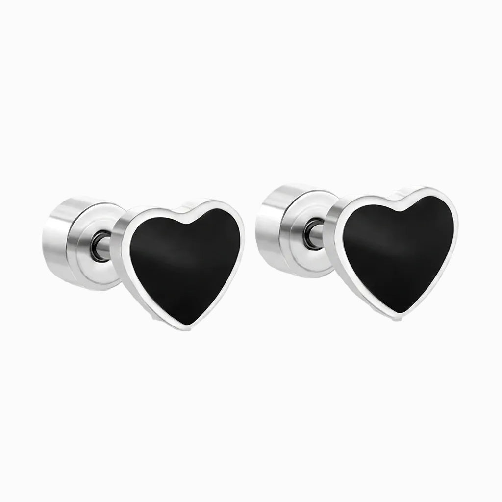 Boucles d'Oreilles-Puces Coeur Noir