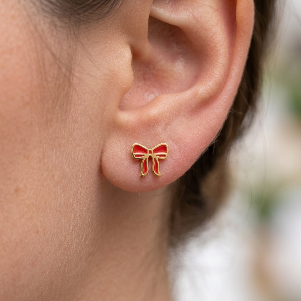 Boucles d'Oreilles-Puces Noeud Rouge